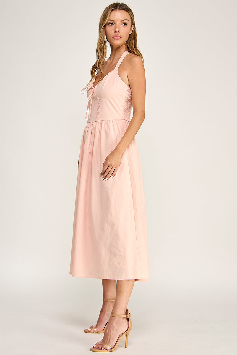 D5754S Solid Halter Tie-Front Fit-and-Flare Midi Dress