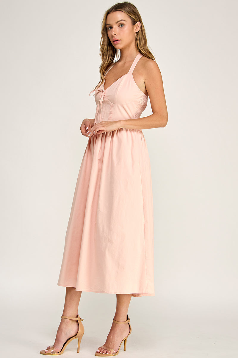 D5754S Solid Halter Tie-Front Fit-and-Flare Midi Dress