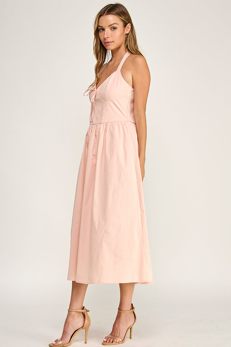 D5754S Solid Halter Tie-Front Fit-and-Flare Midi Dress