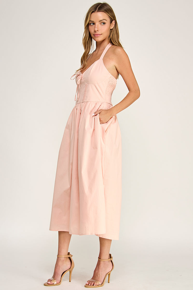 D5754S Solid Halter Tie-Front Fit-and-Flare Midi Dress