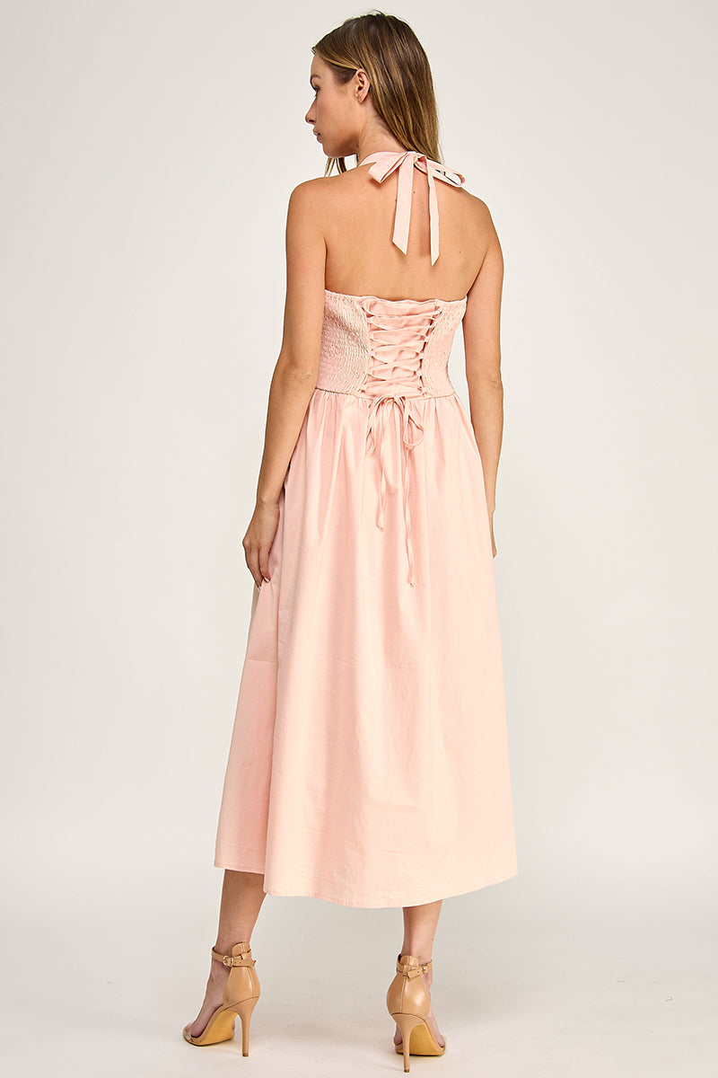 D5754S Solid Halter Tie-Front Fit-and-Flare Midi Dress
