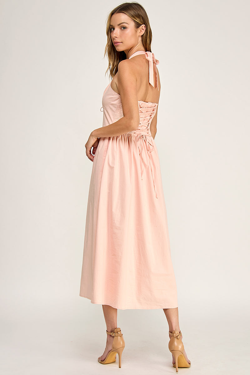 D5754S Solid Halter Tie-Front Fit-and-Flare Midi Dress