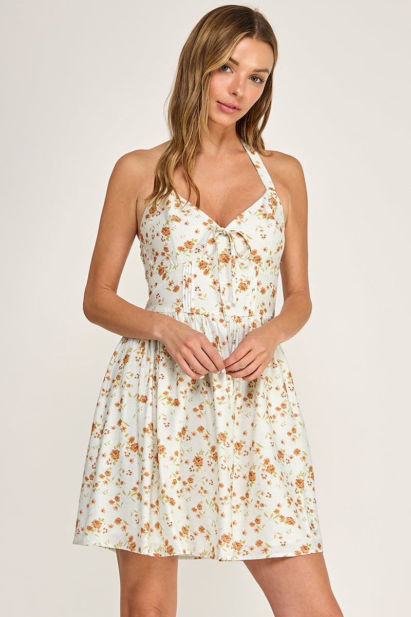 D5753S Floral Print Halter Mini Dress with Front Tie Detail