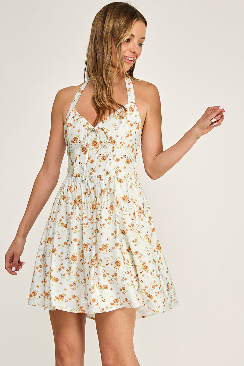 D5753S Floral Print Halter Mini Dress with Front Tie Detail