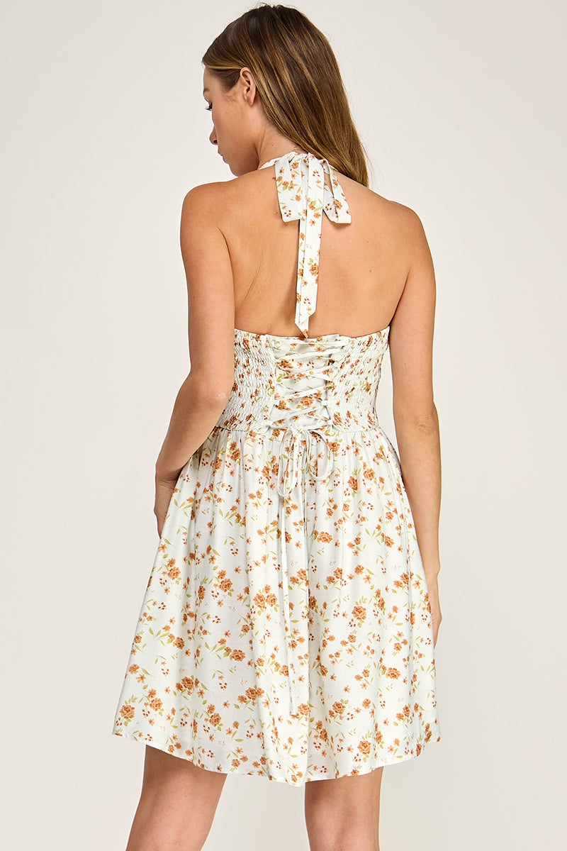D5753S Floral Print Halter Mini Dress with Front Tie Detail