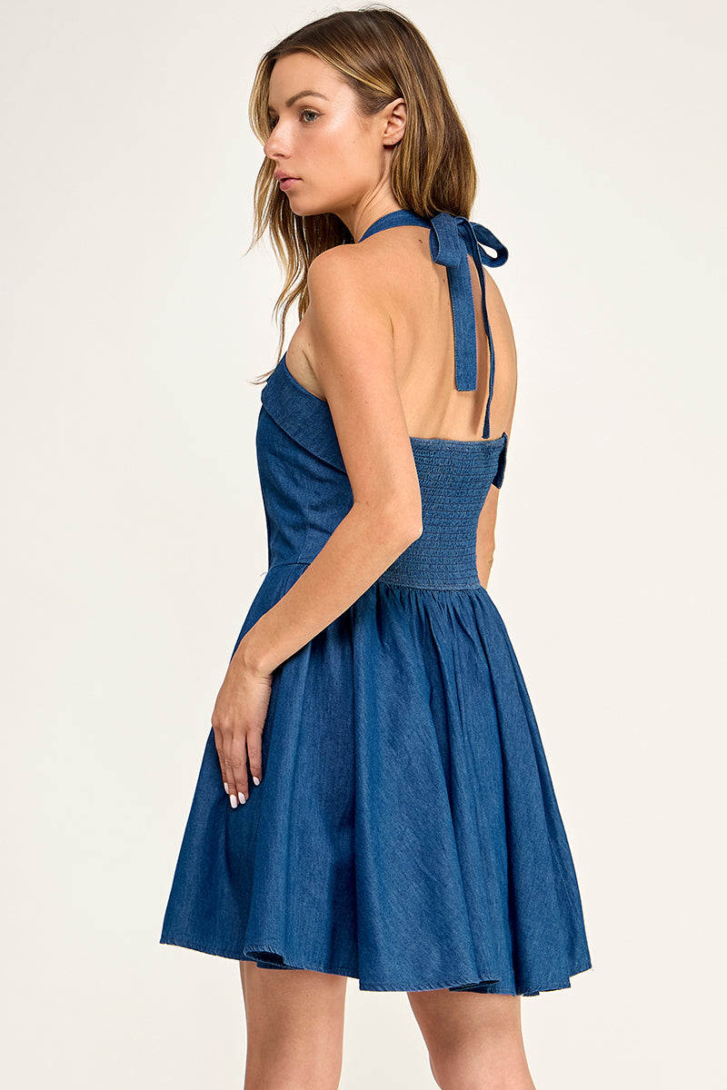 D5723 Button Front Denim Halter Mini Dress