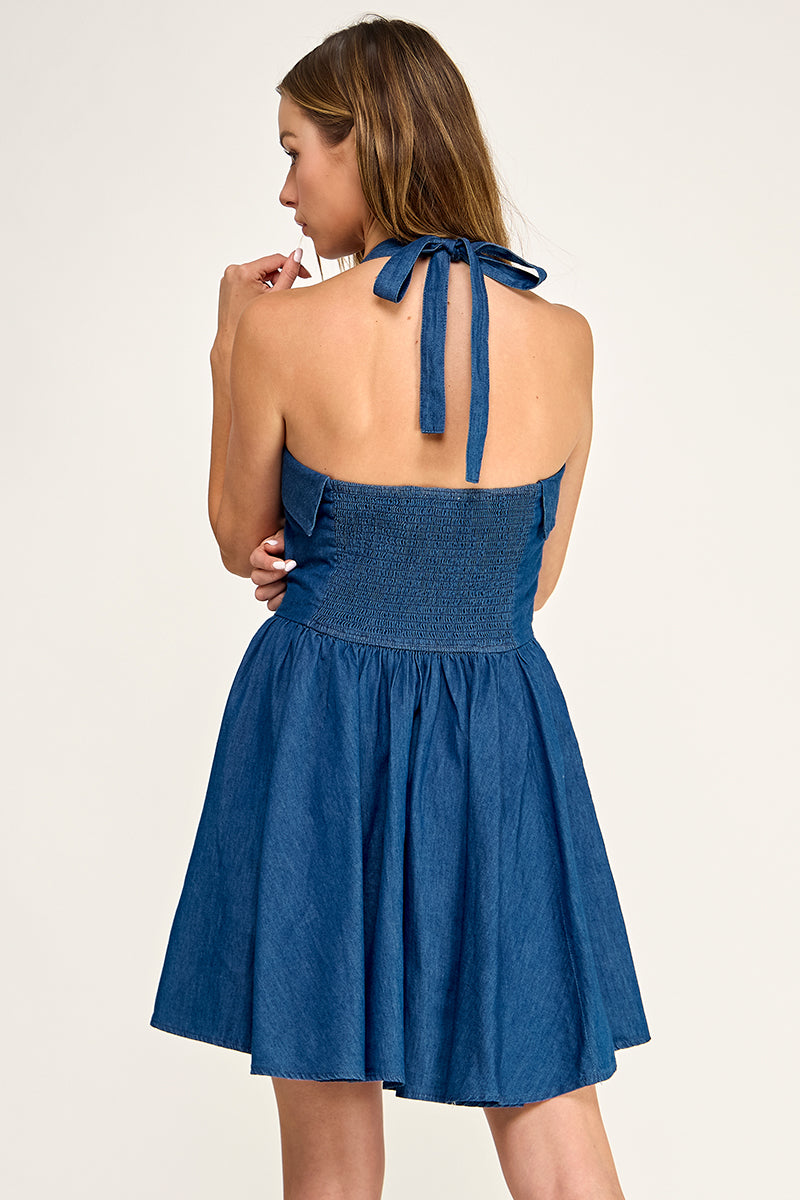 D5723 Button Front Denim Halter Mini Dress
