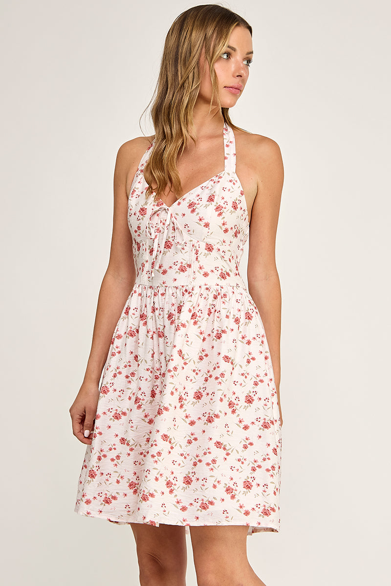 D5753S Floral Print Halter Mini Dress with Front Tie Detail