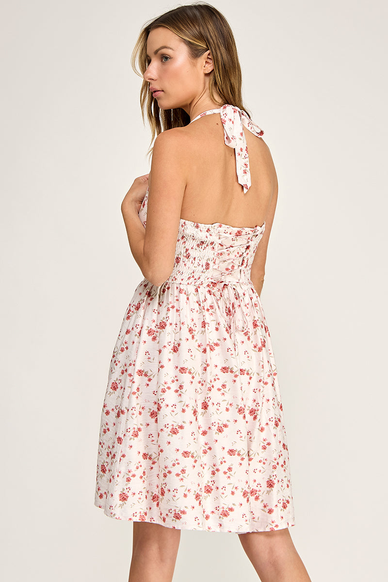 D5753S Floral Print Halter Mini Dress with Front Tie Detail