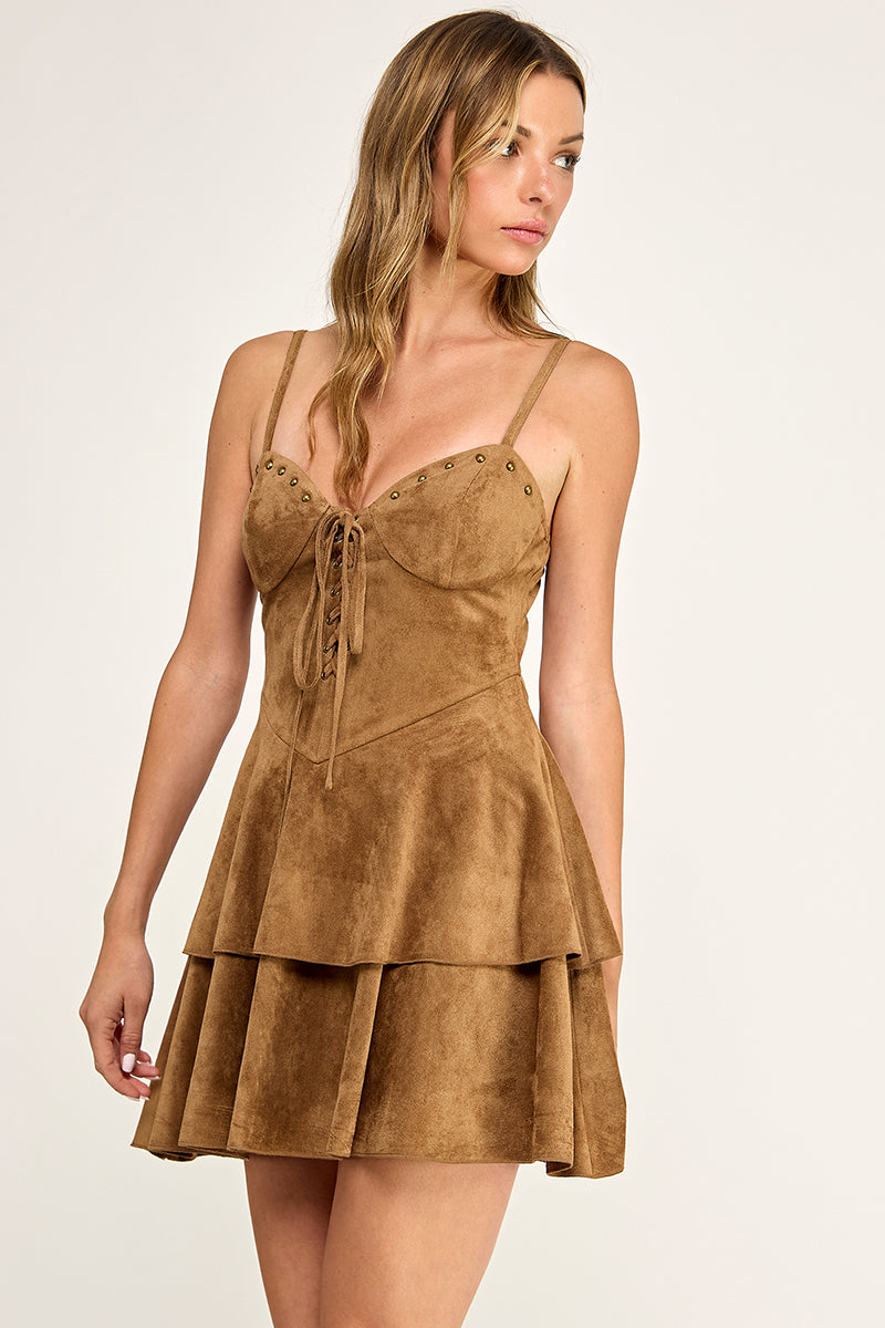 D5694 Studded Lace Up Tiered Mini Dress