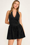 D5686 Suede Grommet Halter Fit & Flare Mini Dress
