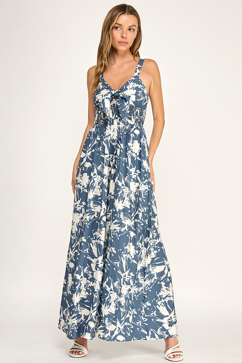 J5631-1 Tropical Leaf Print Tie-Front Wide Leg Jumpsuit