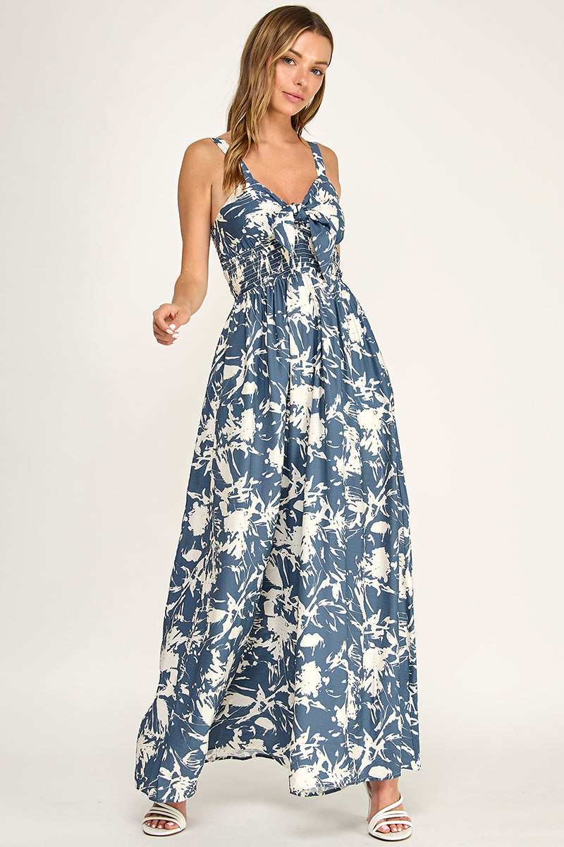 J5631-1 Tropical Leaf Print Tie-Front Wide Leg Jumpsuit
