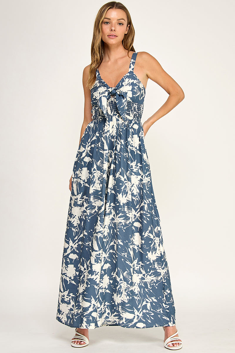 J5631-1 Tropical Leaf Print Tie-Front Wide Leg Jumpsuit