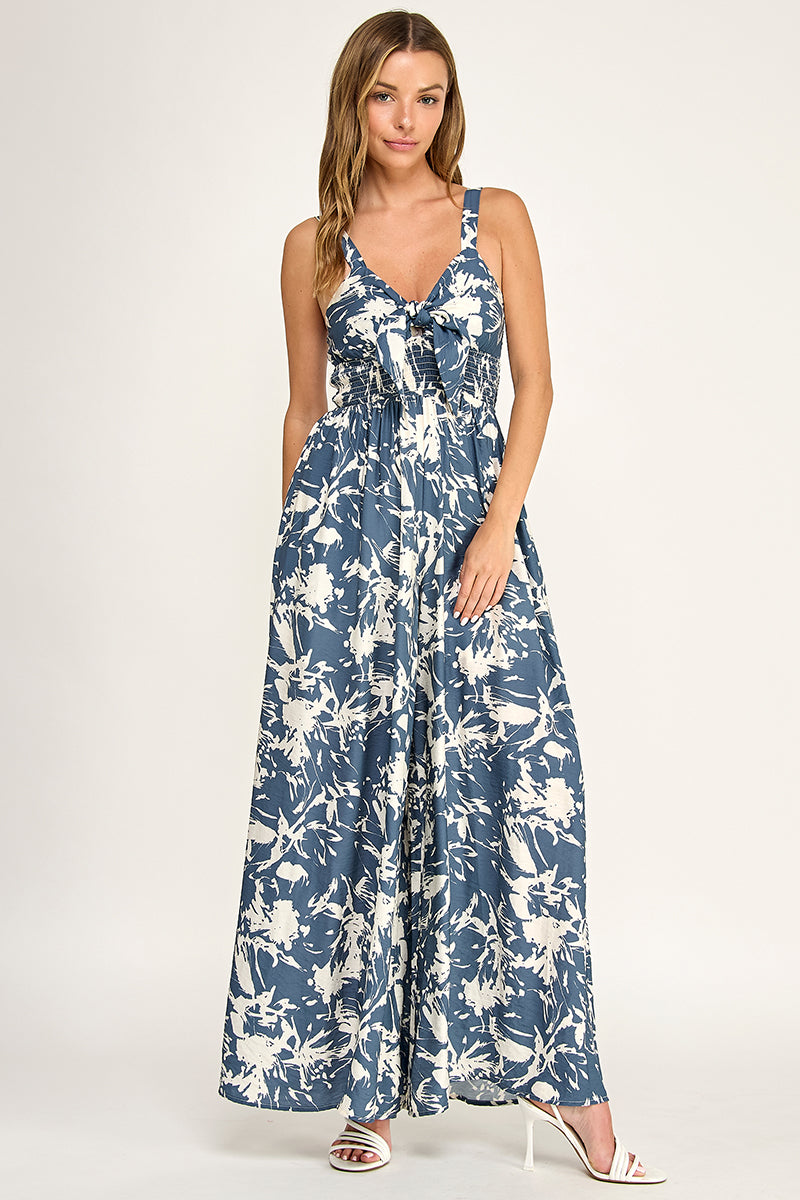 J5631-1 Tropical Leaf Print Tie-Front Wide Leg Jumpsuit