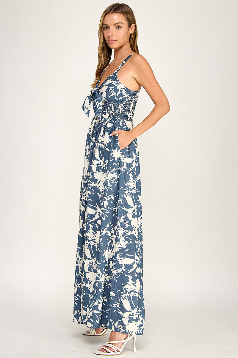 J5631-1 Tropical Leaf Print Tie-Front Wide Leg Jumpsuit