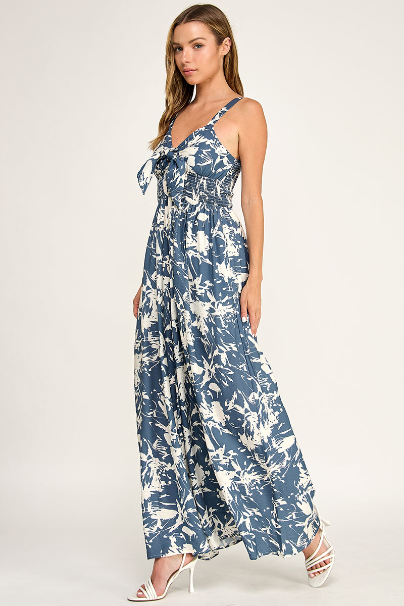 J5631-1 Tropical Leaf Print Tie-Front Wide Leg Jumpsuit