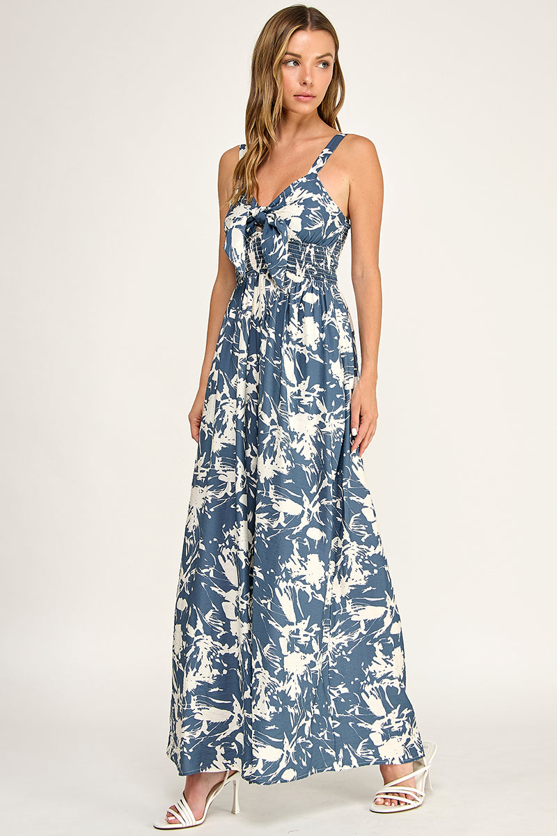 J5631-1 Tropical Leaf Print Tie-Front Wide Leg Jumpsuit