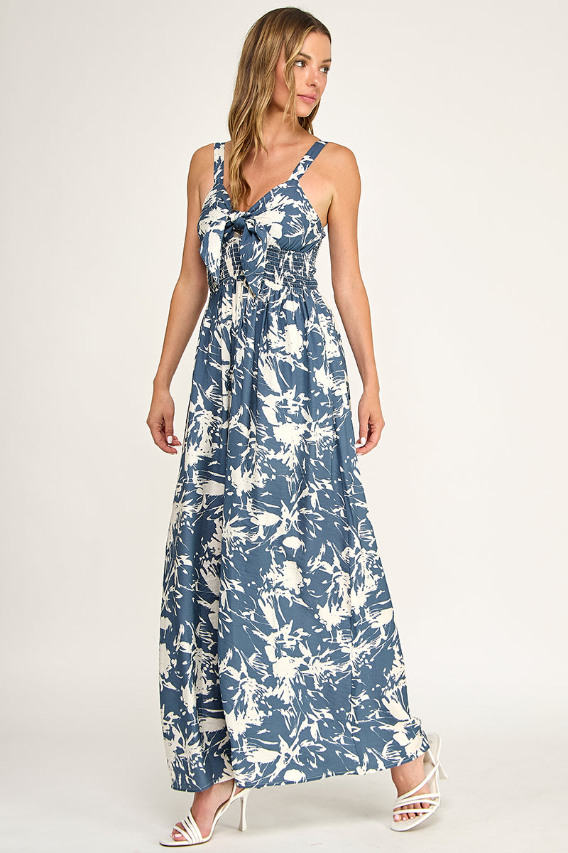 J5631-1 Tropical Leaf Print Tie-Front Wide Leg Jumpsuit