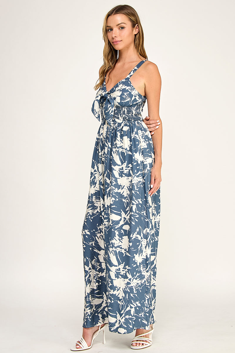J5631-1 Tropical Leaf Print Tie-Front Wide Leg Jumpsuit