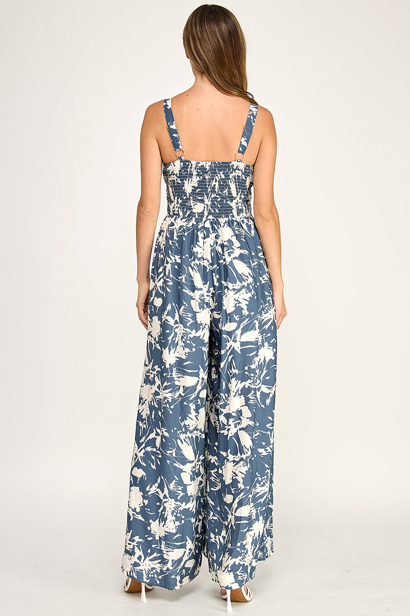 J5631-1 Tropical Leaf Print Tie-Front Wide Leg Jumpsuit