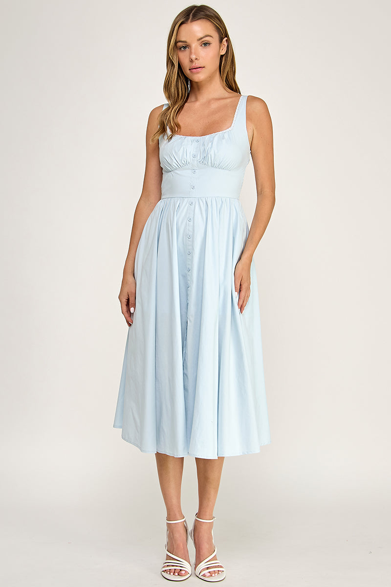 D5629-1 Lace Trim Button Down Midi Dress