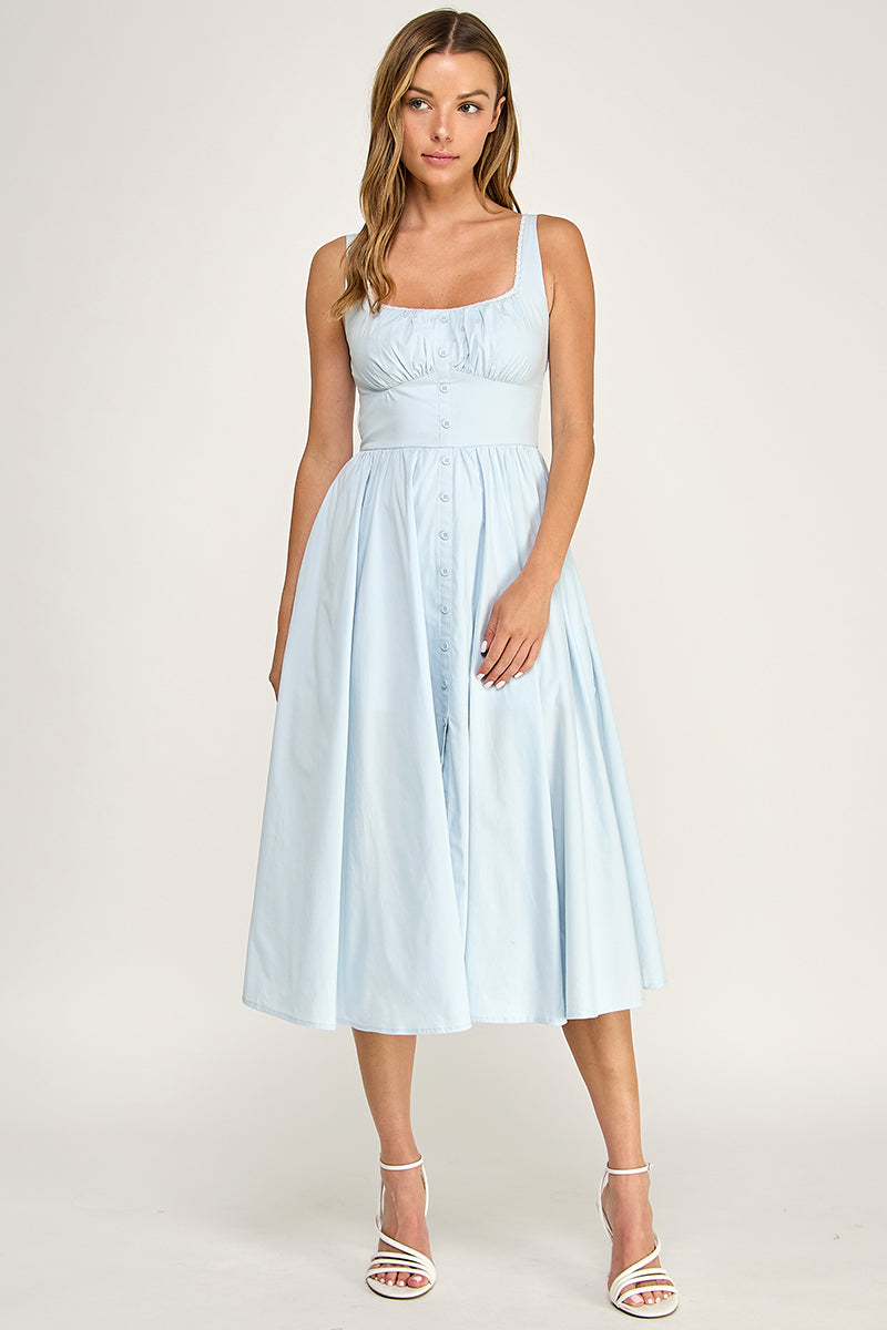 D5629-1 Lace Trim Button Down Midi Dress