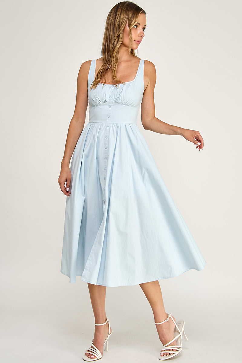 D5629-1 Lace Trim Button Down Midi Dress