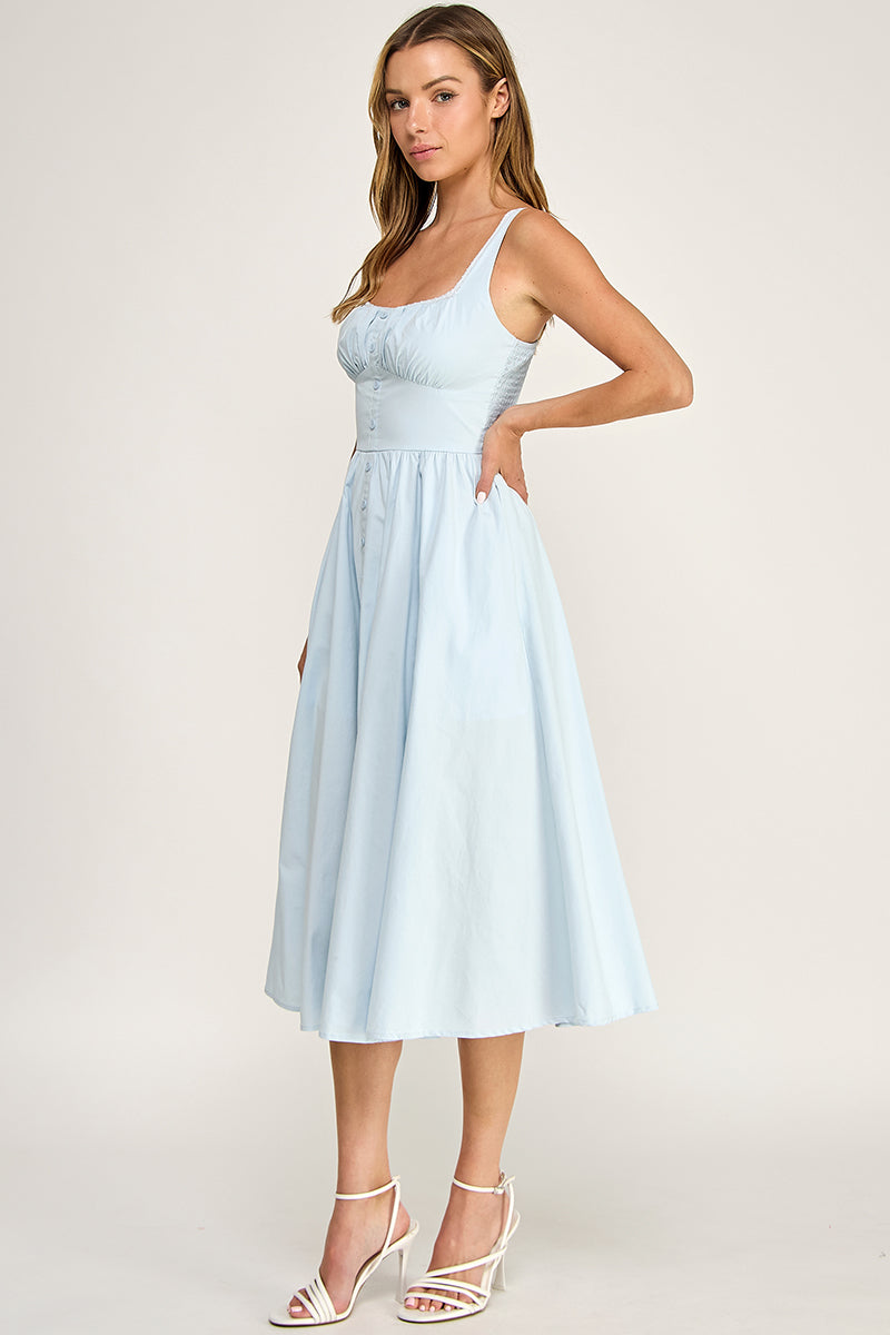 D5629-1 Lace Trim Button Down Midi Dress