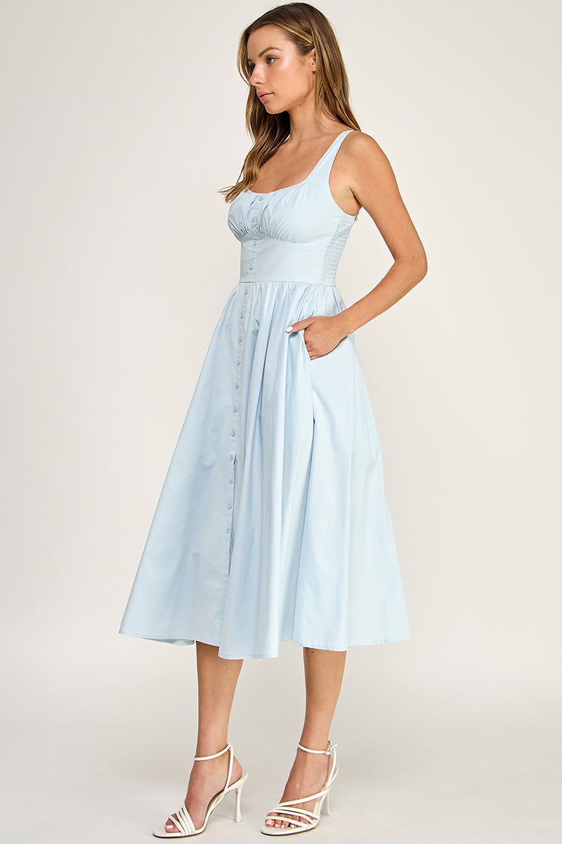 D5629-1 Lace Trim Button Down Midi Dress