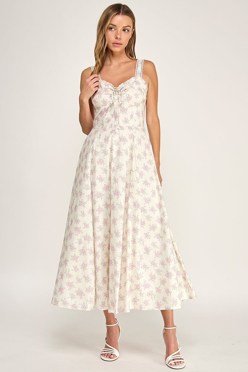 D5779 Floral Lace Trim Fit & Flare Midi Dress