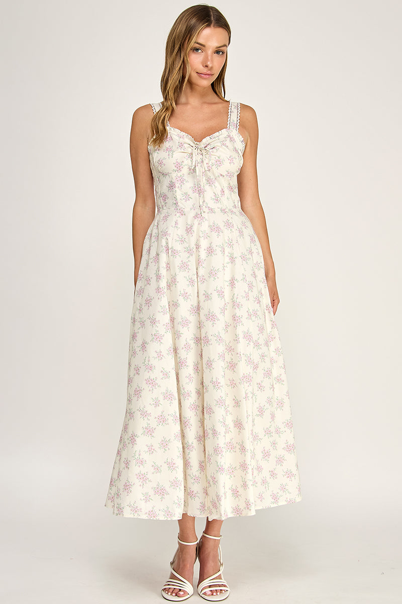 D5779 Floral Lace Trim Fit & Flare Midi Dress