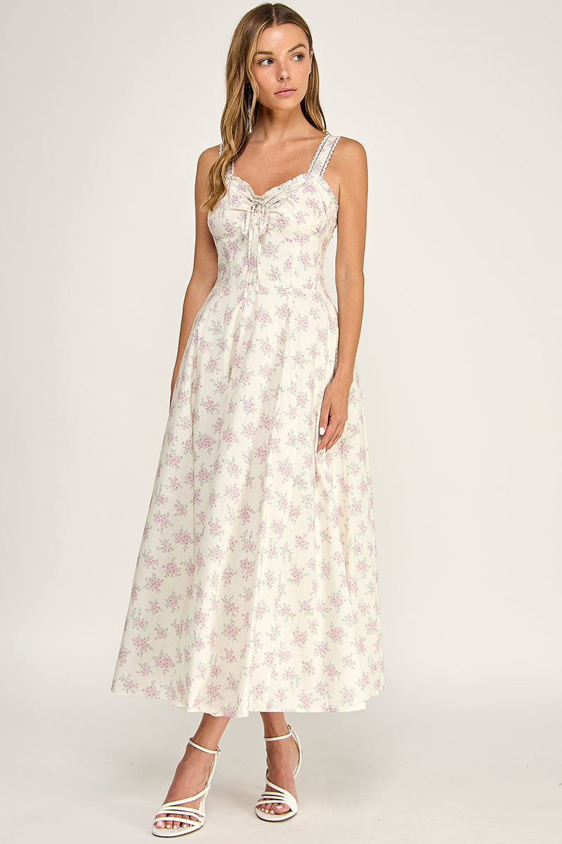 D5779 Floral Lace Trim Fit & Flare Midi Dress