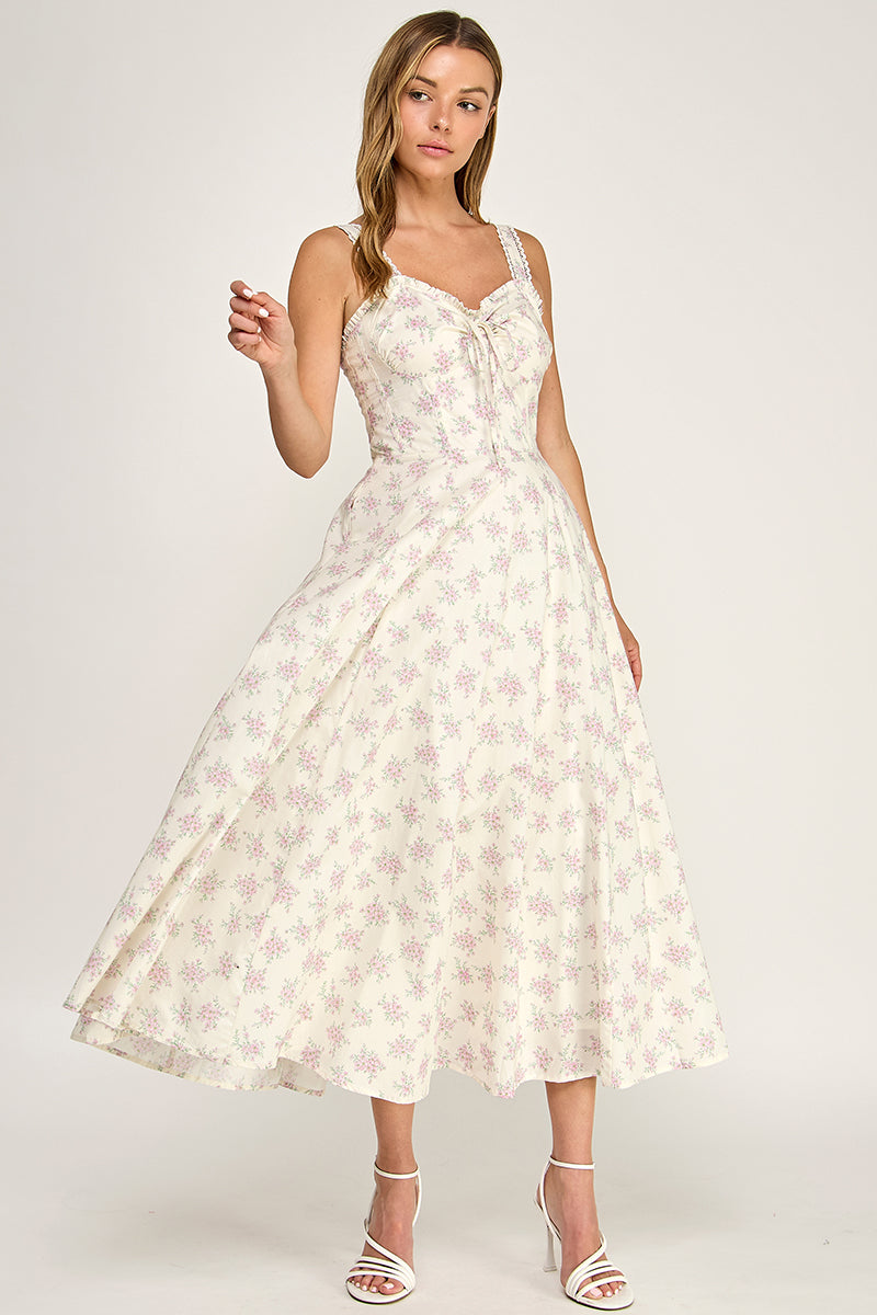 D5779 Floral Lace Trim Fit & Flare Midi Dress