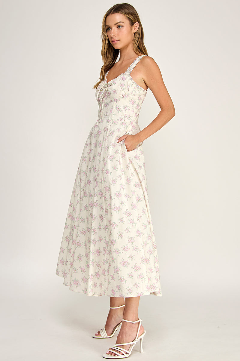 D5779 Floral Lace Trim Fit & Flare Midi Dress