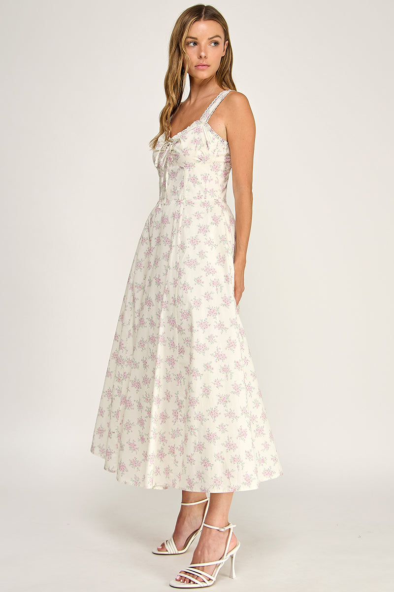 D5779 Floral Lace Trim Fit & Flare Midi Dress