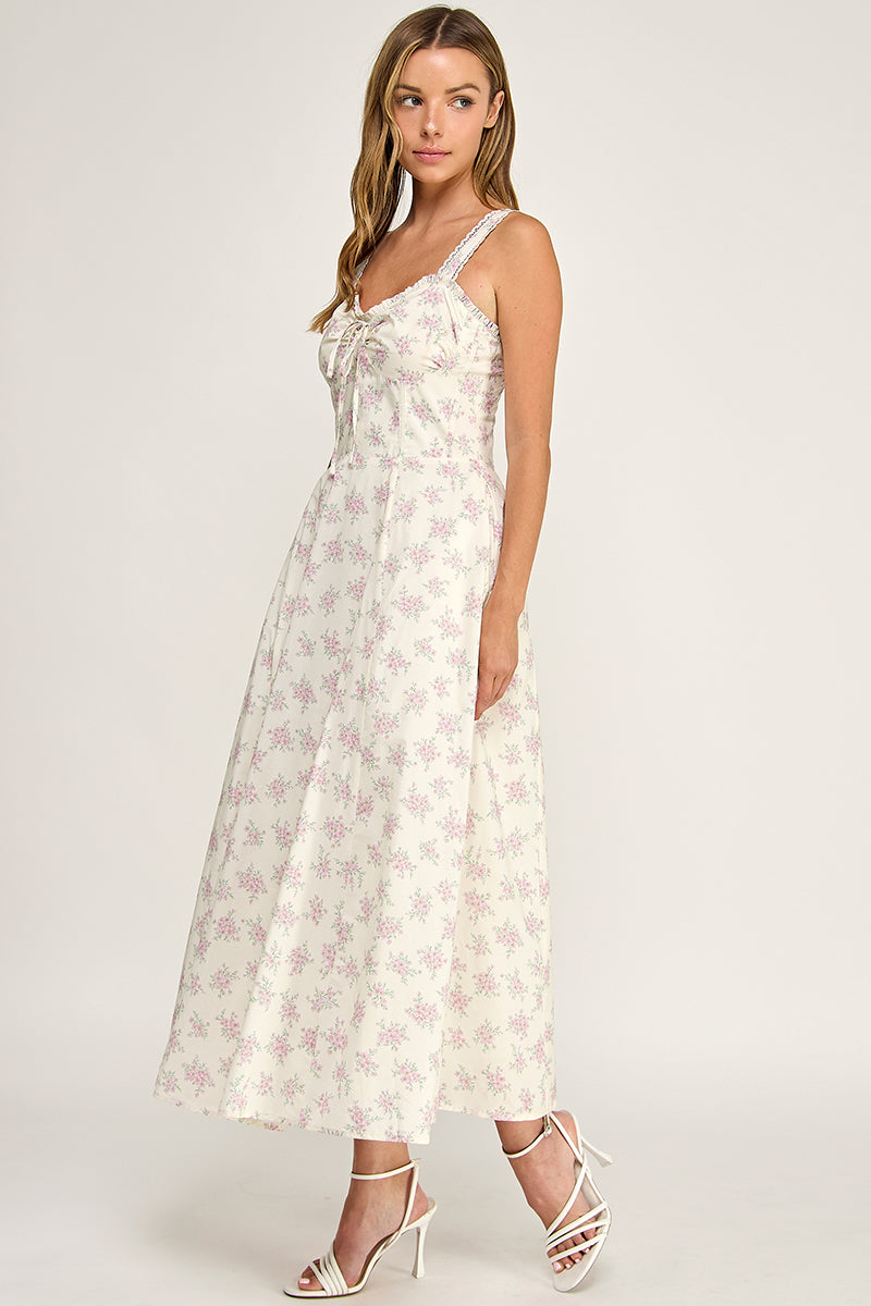 D5779 Floral Lace Trim Fit & Flare Midi Dress