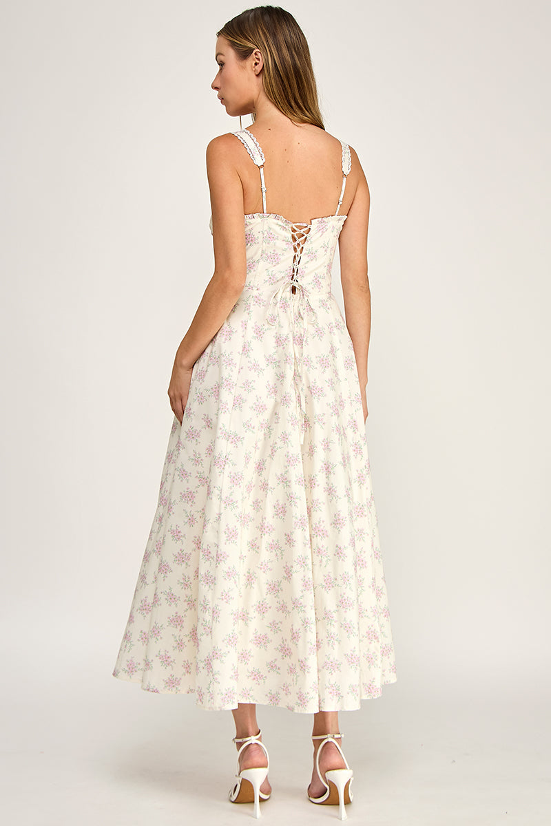 D5779 Floral Lace Trim Fit & Flare Midi Dress