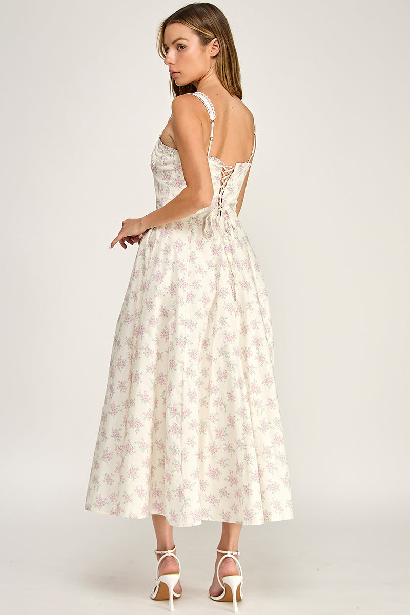 D5779 Floral Lace Trim Fit & Flare Midi Dress