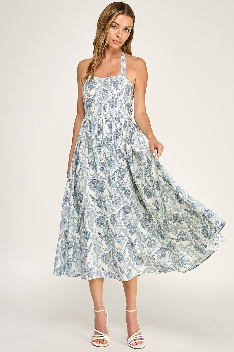D5713 Floral Halter Midi Dress