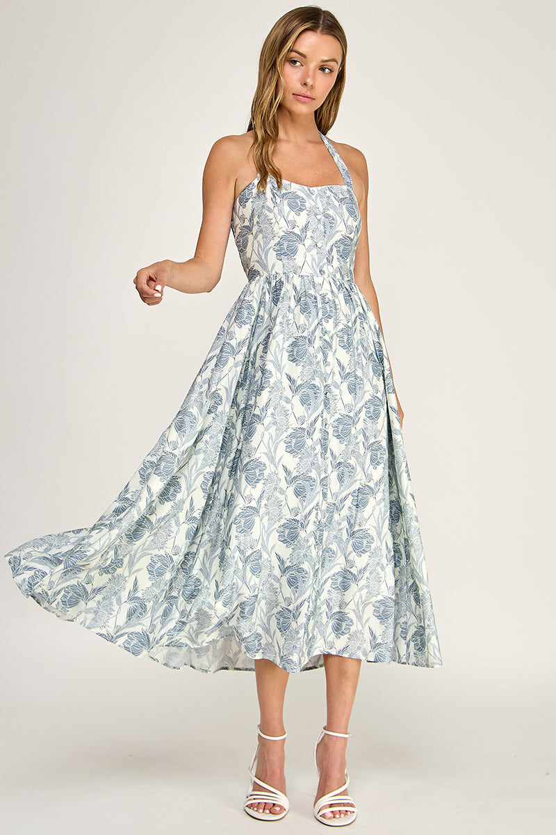 D5713 Floral Halter Midi Dress