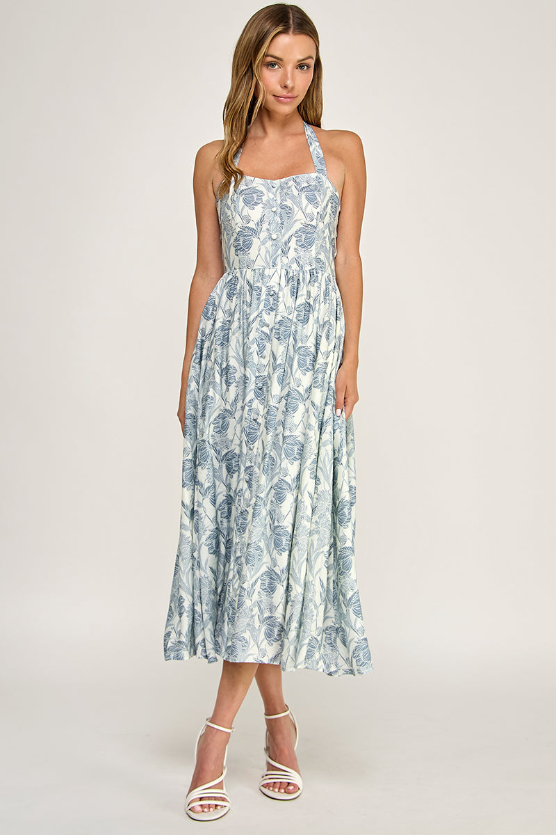 D5713 Floral Halter Midi Dress
