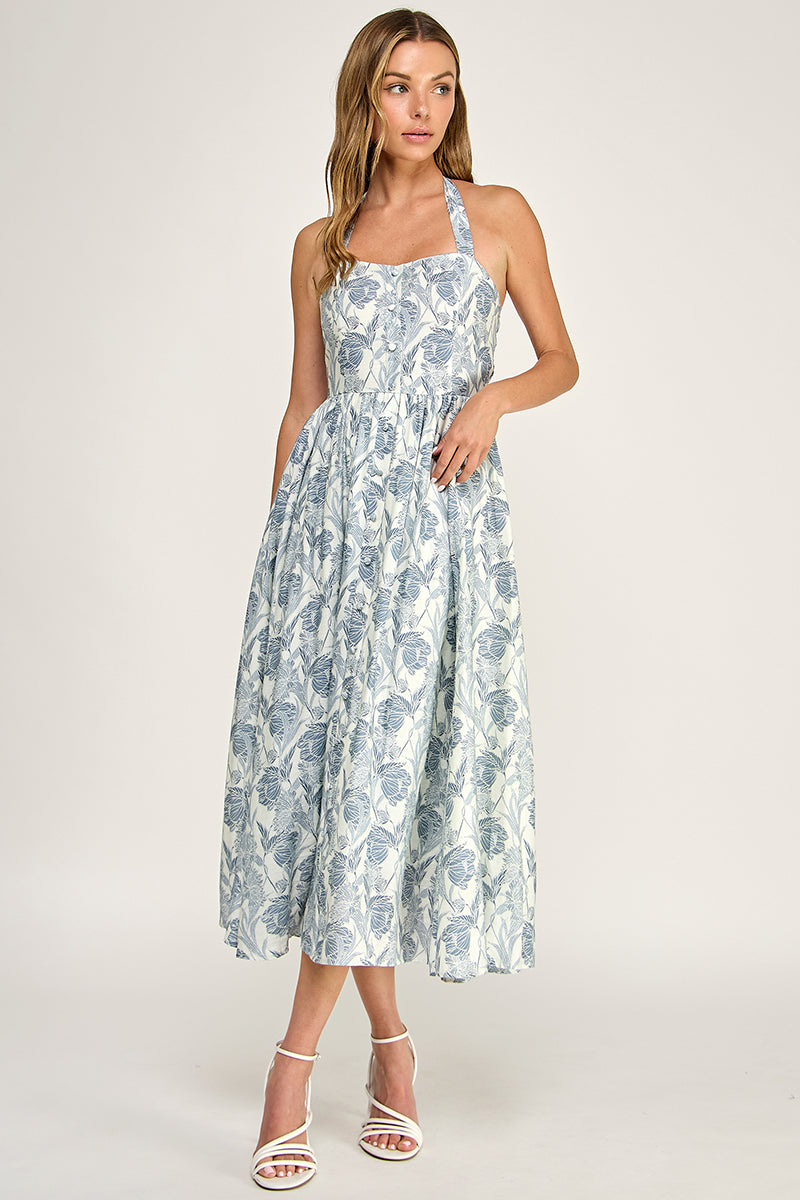 D5713 Floral Halter Midi Dress