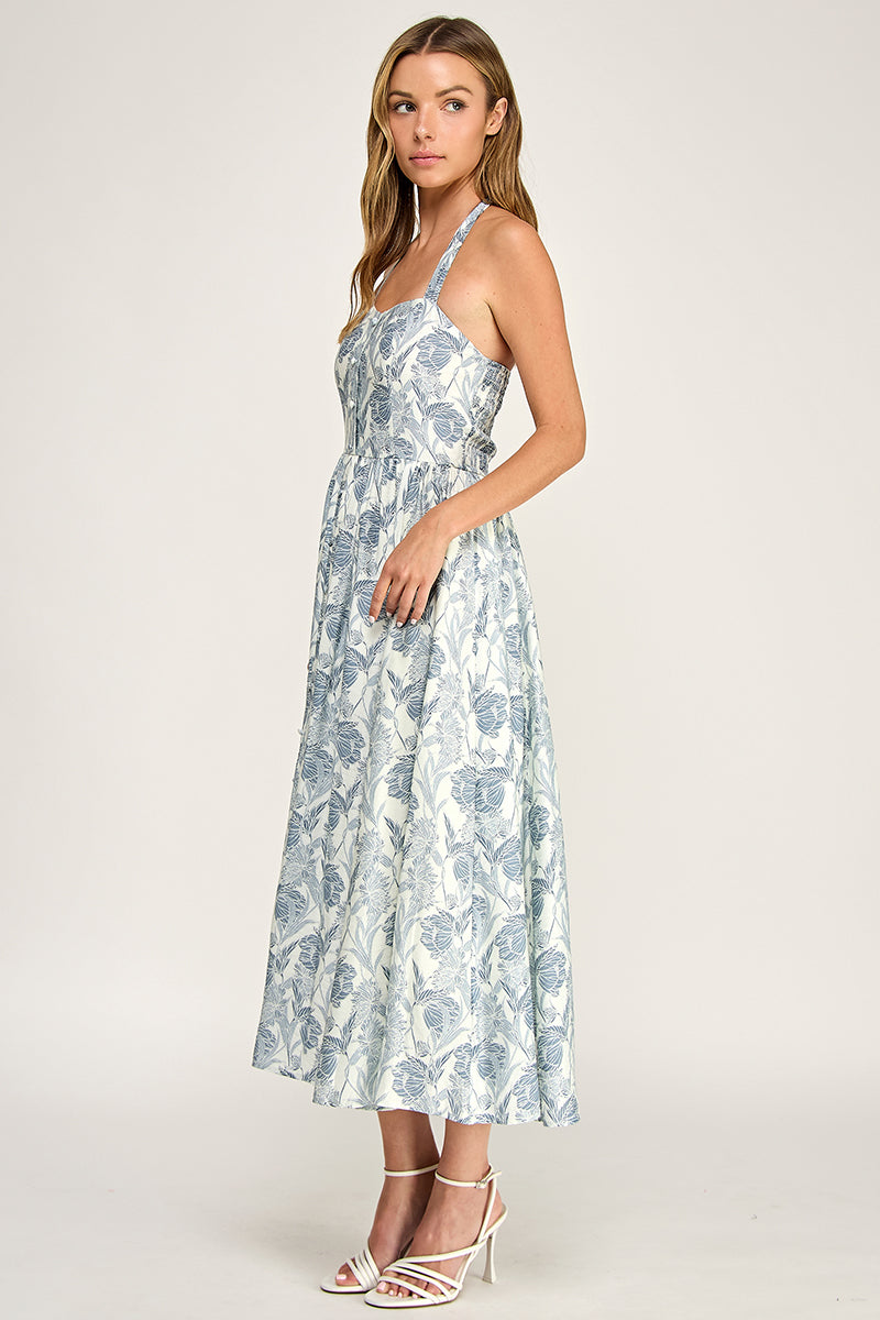 D5713 Floral Halter Midi Dress