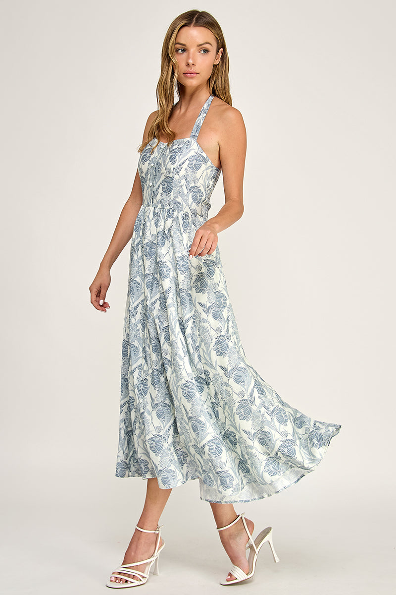 D5713 Floral Halter Midi Dress