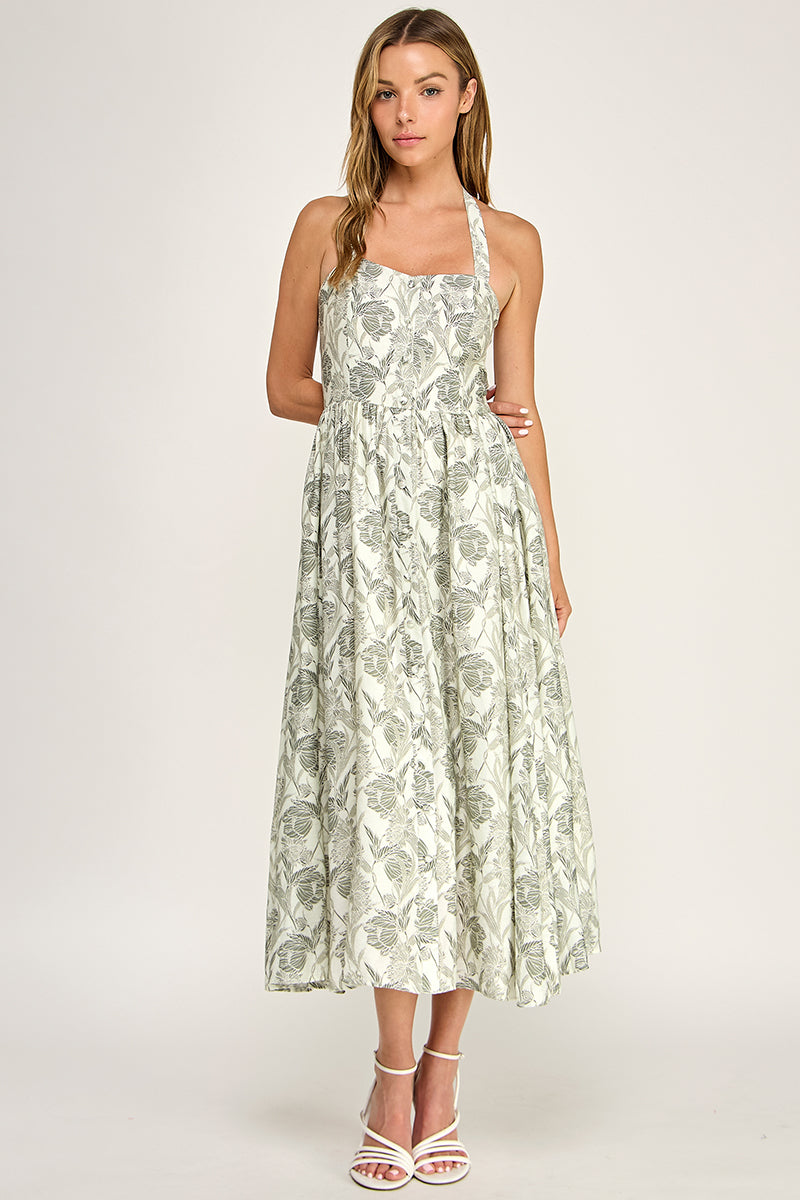 D5713 Floral Halter Midi Dress