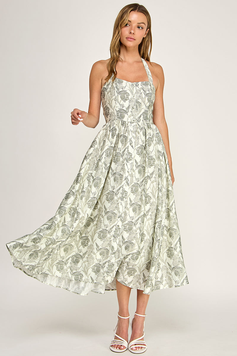 D5713 Floral Halter Midi Dress