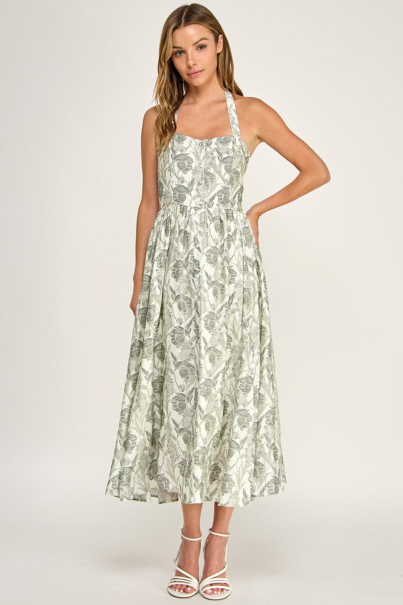 D5713 Floral Halter Midi Dress