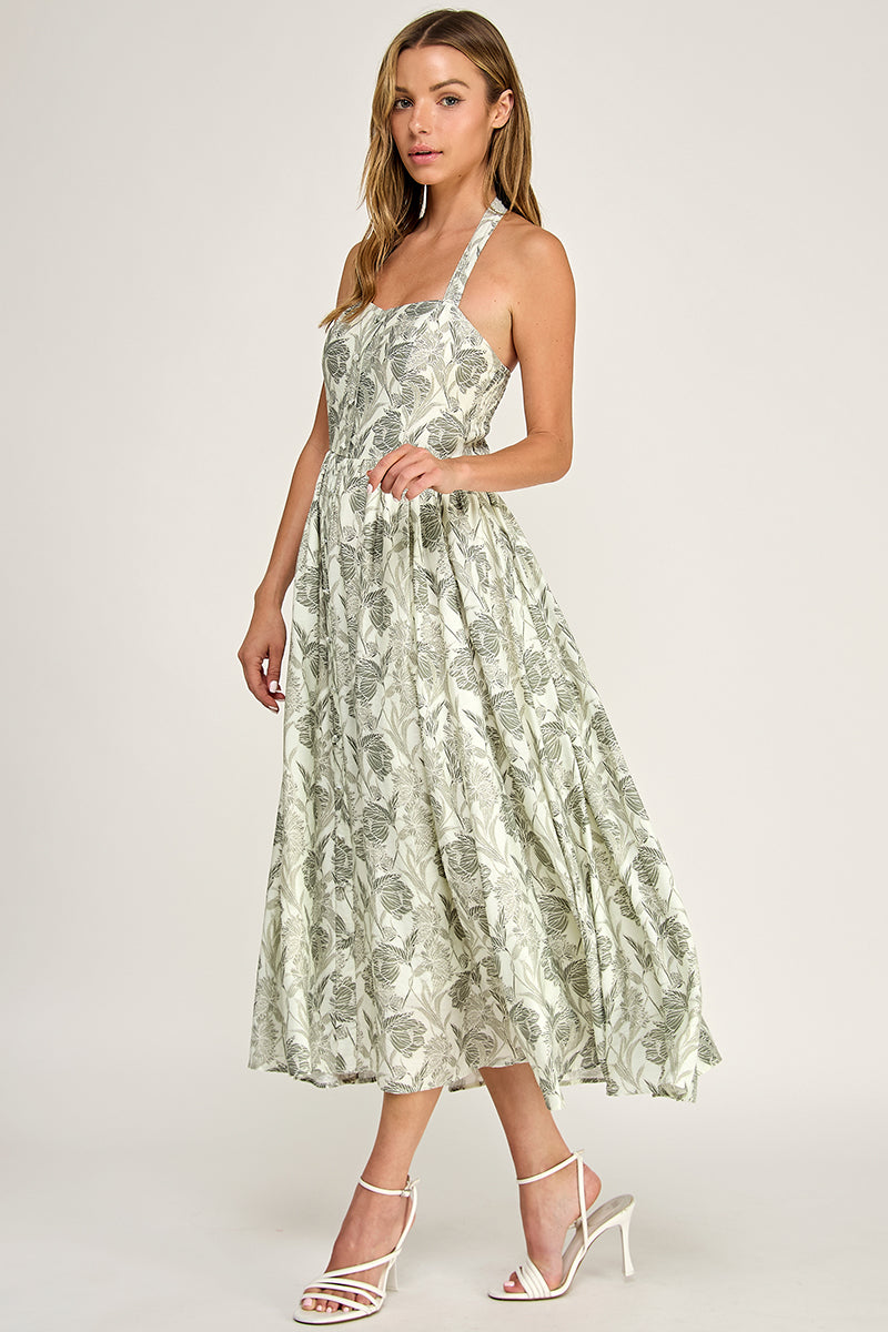 D5713 Floral Halter Midi Dress