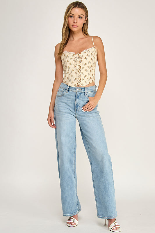 T5583-1 Lace-trim Neck Smocked back Floral Corset Crop Top